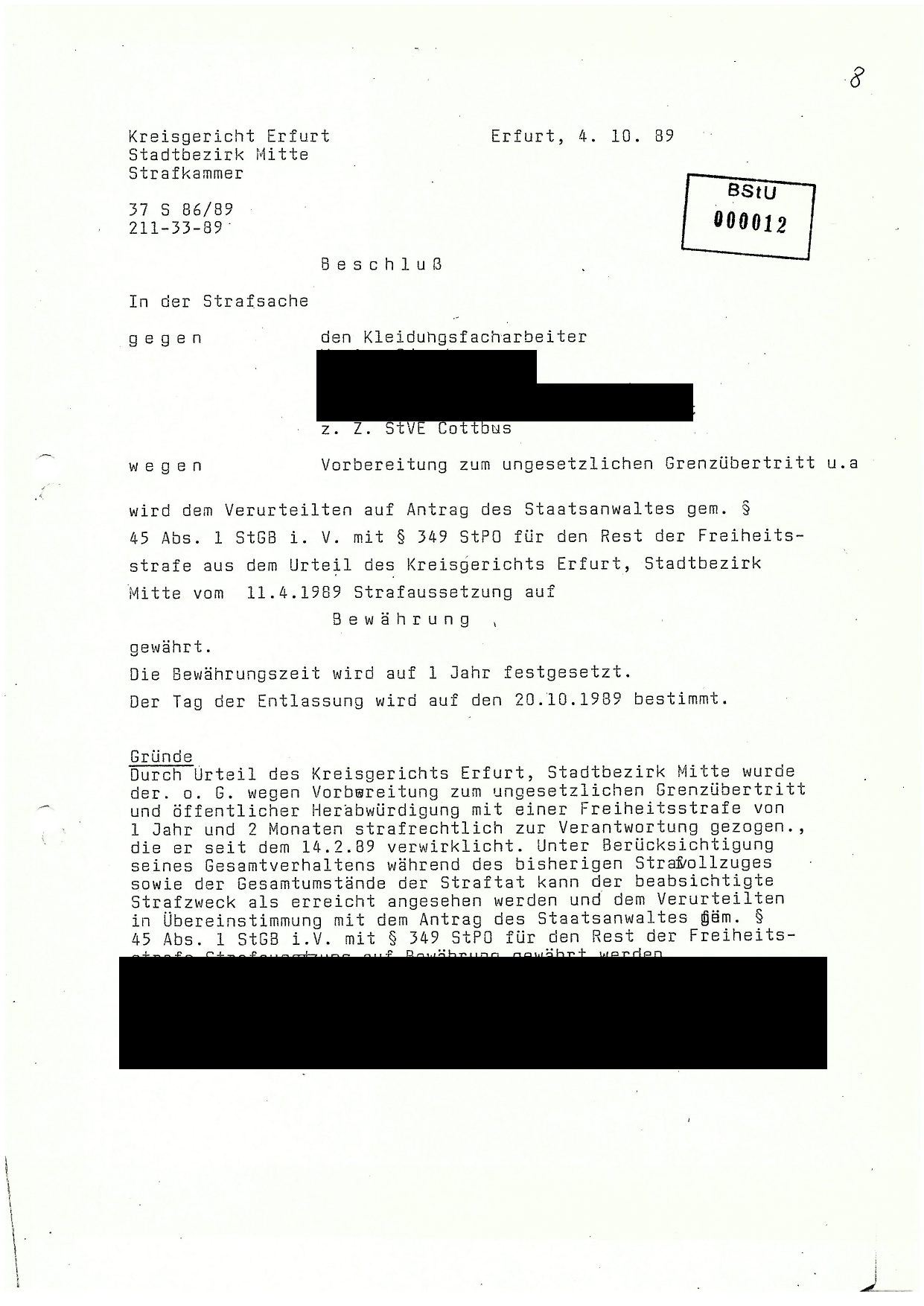 Resolución judicial que fija el 20 de octubre de 1989 como fecha de liberación